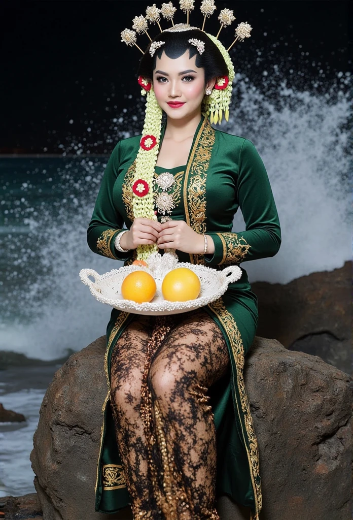  woman in traditional traditional Javanese robe dress in green.  Traditional Javanese batik sarong of green color . Wearing a green scarf tied to the stomach.  silver , cuffs, collar, with intricate carved gold crown.  in front of the camera . Elegant elegant aesthetic style . Both arms straight . nice detail .  And nice .  On The Rock. Sitting one leg crossed . Hand holding large talam intricately carved containing fruit. White waves crashing her from behind .  Background in the middle of the blue sea waves flying in the air. No light Dark night . °mix4 , 20d,hyper-realistic:1.37),16K HD