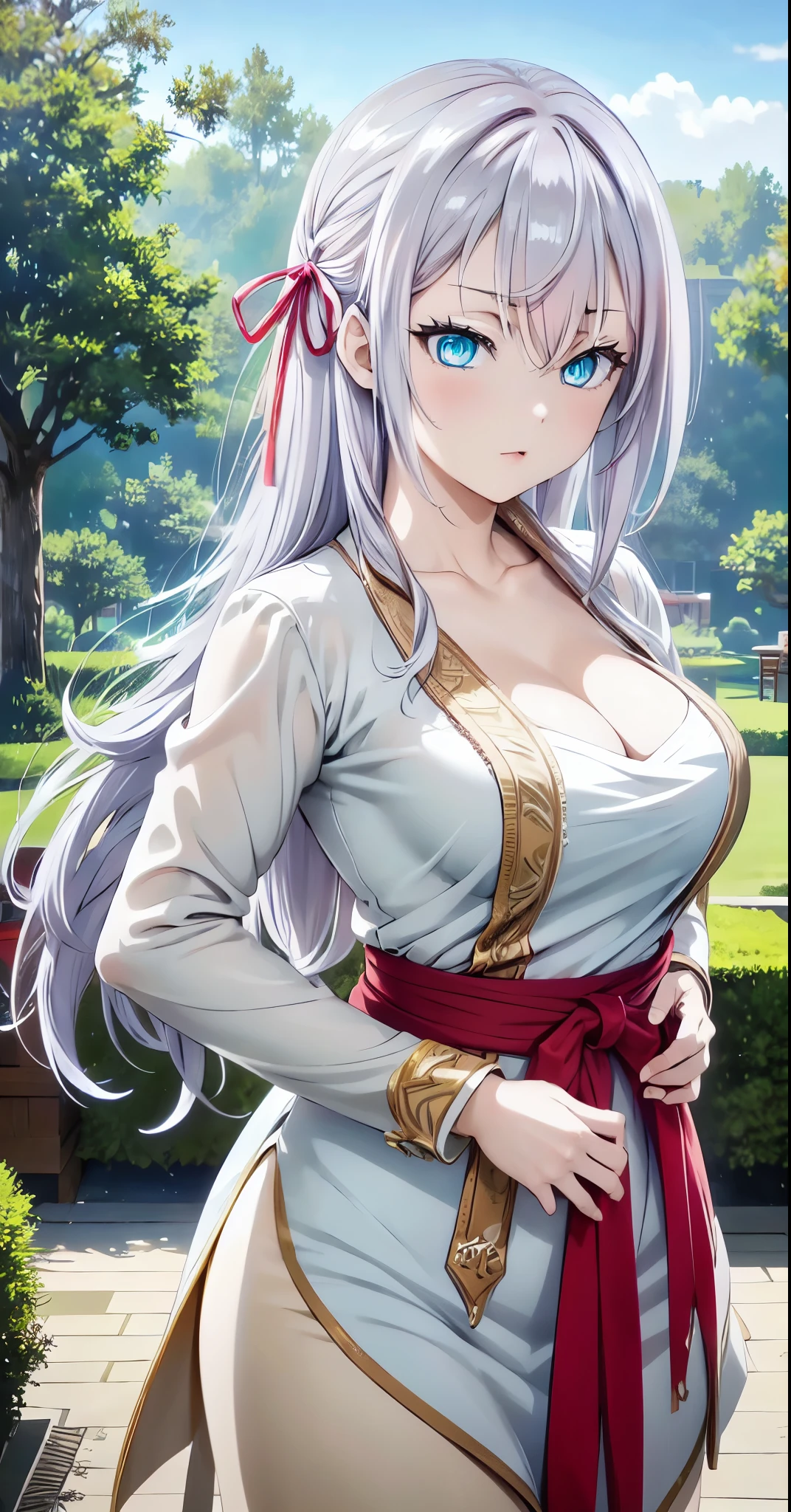 Masterpiece, best quality, highres, highly detailed, 1 girl, long hair, white hair, half - up style hair, red ribbons in right side head, aqua eyes, large breast, kabaya dress, public park, camera angle from under her, perfect finger shape, the number of fingers is not excessive, the number of fingers is perfect,