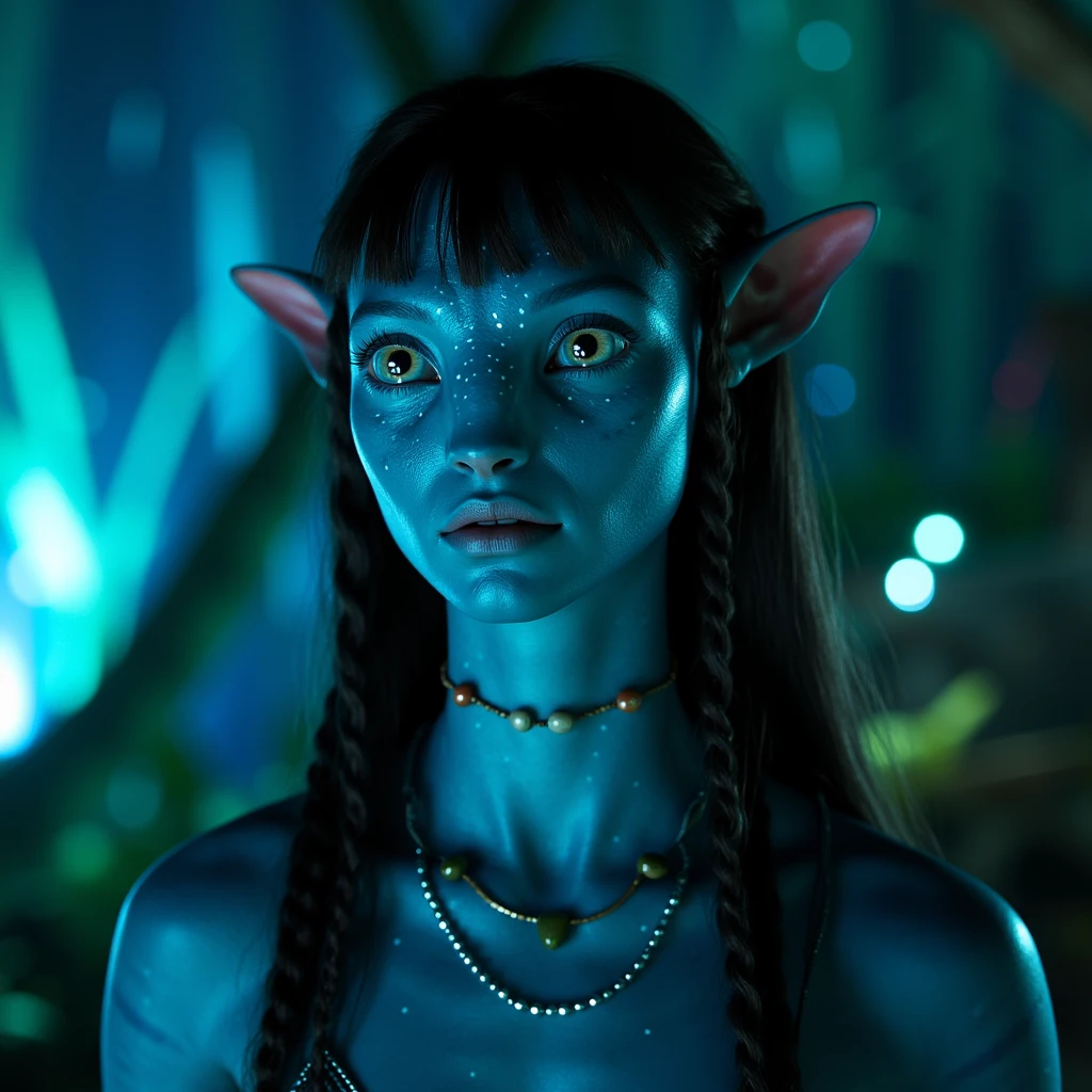 na'vi, na'vi race, avatar, pale teal blue skin, dark brown hair, blue eyes, straight brown hair with bangs, low ponytail, long bangs, bangs covering forehead, no eyebrows