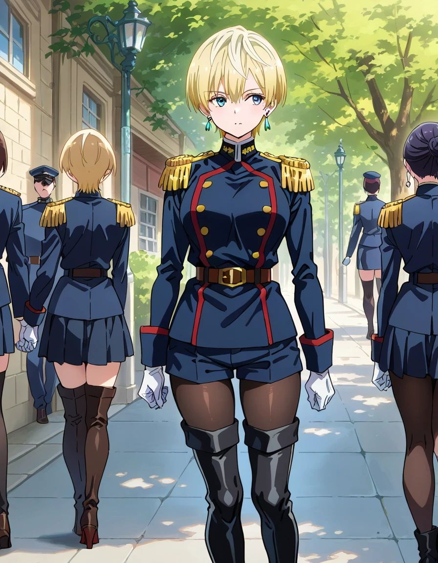 
masterpiece、best quality、extremely detailed、8k、 high-resolution photo , masterpiece,  top quality、Hires .fix:1.4、 1 Beautiful Girl、It goes to Izumo, short hair, blue eyes, blonde hair,
thighhighs, gloves, jewelry, earrings, boots, shorts, belt, uniform, military, military uniform, thigh boots, epaulettes,
skirt, long sleeves, jewelry, pantyhose, earrings