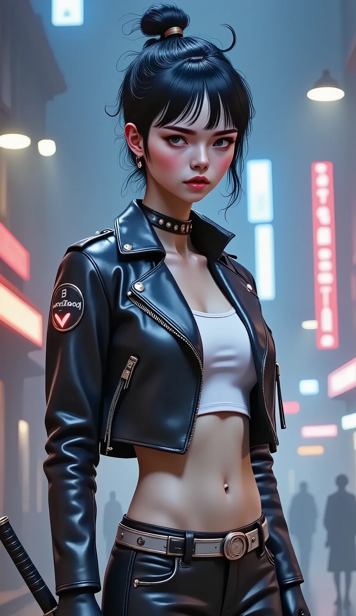  A girl in a concept character art wearing a mixed Japanese Ronin outfit and techno-modern aesthetic. ( Best Quality ,  Masterpiece:1.2),  ultra-detailed , ( realistic , photo realistic , photo- realistic :1.37), Japanese Ronin clothing , futuristic techwear,  detailed facial features , dynamic postures,  intense expression , katana, cyberpunk background,  neon lights,  melancholic environment ,  Riot Games art style ,  vibrant colors,  stylized representation ,  intricate details , professional artwork, Traditional elements, modern touch., chiaroscuro, cinematic lighting, 4k, 8K, highres, UHD, Retina,  Masterpiece, Accurate, anatomically correct, textured skin, Super detail, high details, high quality,  award winning , best quality, highres, 1080P, HD, 16K