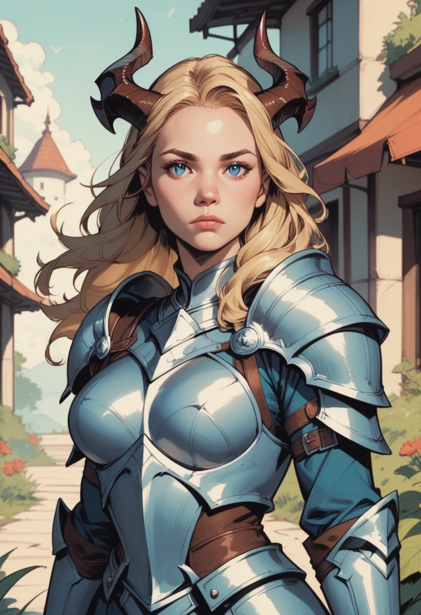 1girl, armor, blonde hair, long hair, dragon, looking at viewer, blurry, blurry background, outdoors,  horns, breasts, breastplate, shoulder armor, , blue eyes, solo, pauldrons, zPDXL3, detailxl,