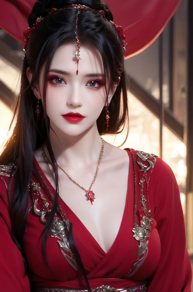 best quality, masterpiece, highres, official art, extremely detailed cg unity 8k wallpaper, jiapliqiao, 1girl, long hair, 1girl, jewelry, solo, earrings, red lips, hair ornament, makeup, realistic, red dress, necklace, (((full body))), ((devilish smile))