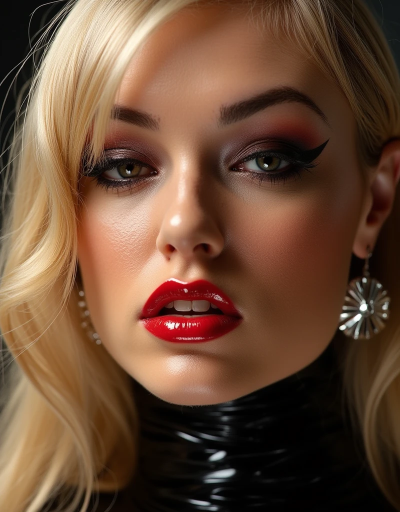 face close up. barbie blonde. shiny red lip gloss. latex catsuit with high neck, lips are shiny, shiny makeup, extreme eyeliner flicks, edgy provocative look