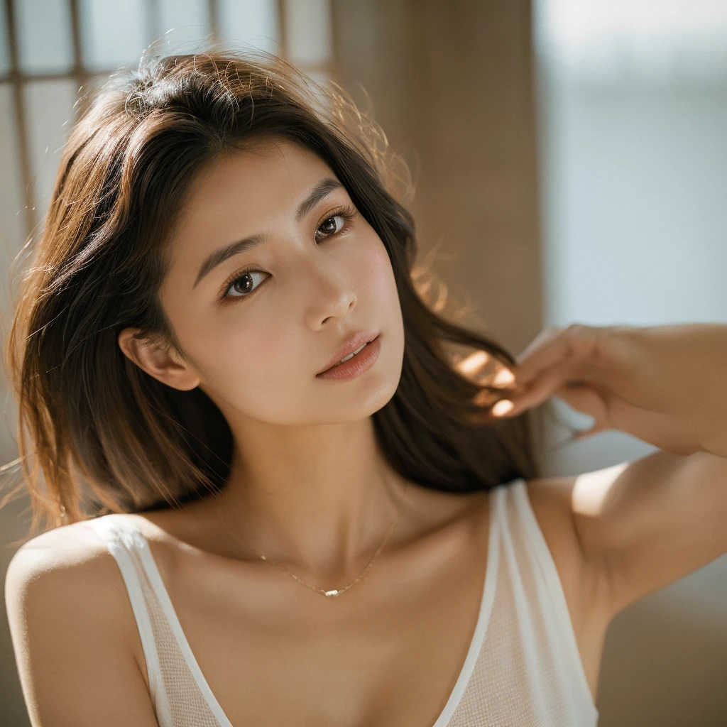 Asian, Beautiful, Slender, Cute, 30s, Beautiful Face, Beautiful Skin, Actress, Mature, Upper Body, Light Brown Hair, Fine Hair, Live Action, Masterpiece, Best Quality, Very Elaborate CG Unity 8K wallpaper, Ultra High Definition, Casual Fashion, Lighting, Summer Fashion, (Natural Brown Hair: 0.8), (Puffy Eyes), Look at Audience, Turn Around, Bleach Hair, Model pose, white background, delicate skin type, light curly hair, hands around mouth, white T-shirt, hair model photo