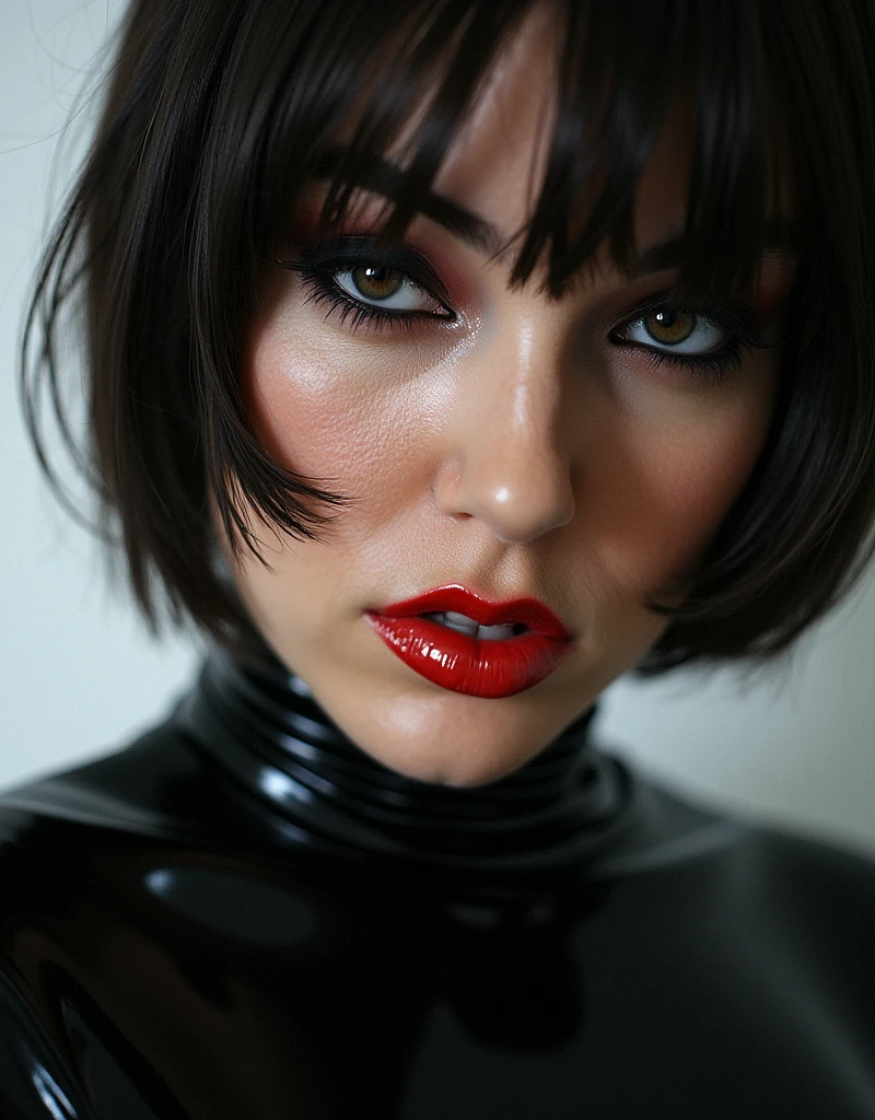 face close up. black hair. shiny red lip gloss. latex catsuit with high neck, lips are shiny, shiny makeup, extreme eyeliner flicks, edgy provocative look