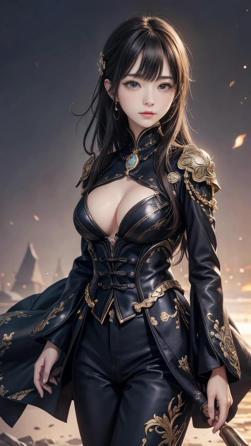 Realistic manga style image of a female warrior, Caucasian, with deep blue eyes, long black hair, in an attitude of concentrated meditation, wearing black armor with metallic gold details, and on her breasts the armor has the design of a gold rose metallic on his arms, black leather bracelets with metallic gold details, and he has a sword hanging from his back and a powerful chakram tied to his waist. And her title is "The Conqueror of Nations" in a strong gold font. In rock style, photo, illustration, cinematic, poster, portrait photography