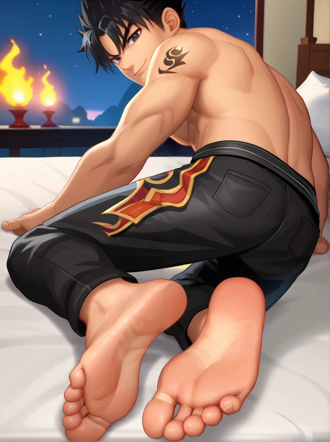 Score_9, score_8_up, source_anime, 1boy, Jin Kazama, big eyes, alone, looking at viewer, black hair that spikes at the back of his head, black tattoo-like mark on his left shoulder, shirtless, black trousers with a red, orange and yellow flame design on the right pant leg, night, in his bedroom, lying on the bed, lifting legs to show his soles, flirty smile, cowboy shot, ANIME SCREENCAP, anime coloring, barefoot, perfect feet, anatomically correct, soles, from above, focal length 35mm, each foot has five toes, front, symmetrical soles, foot focus, 