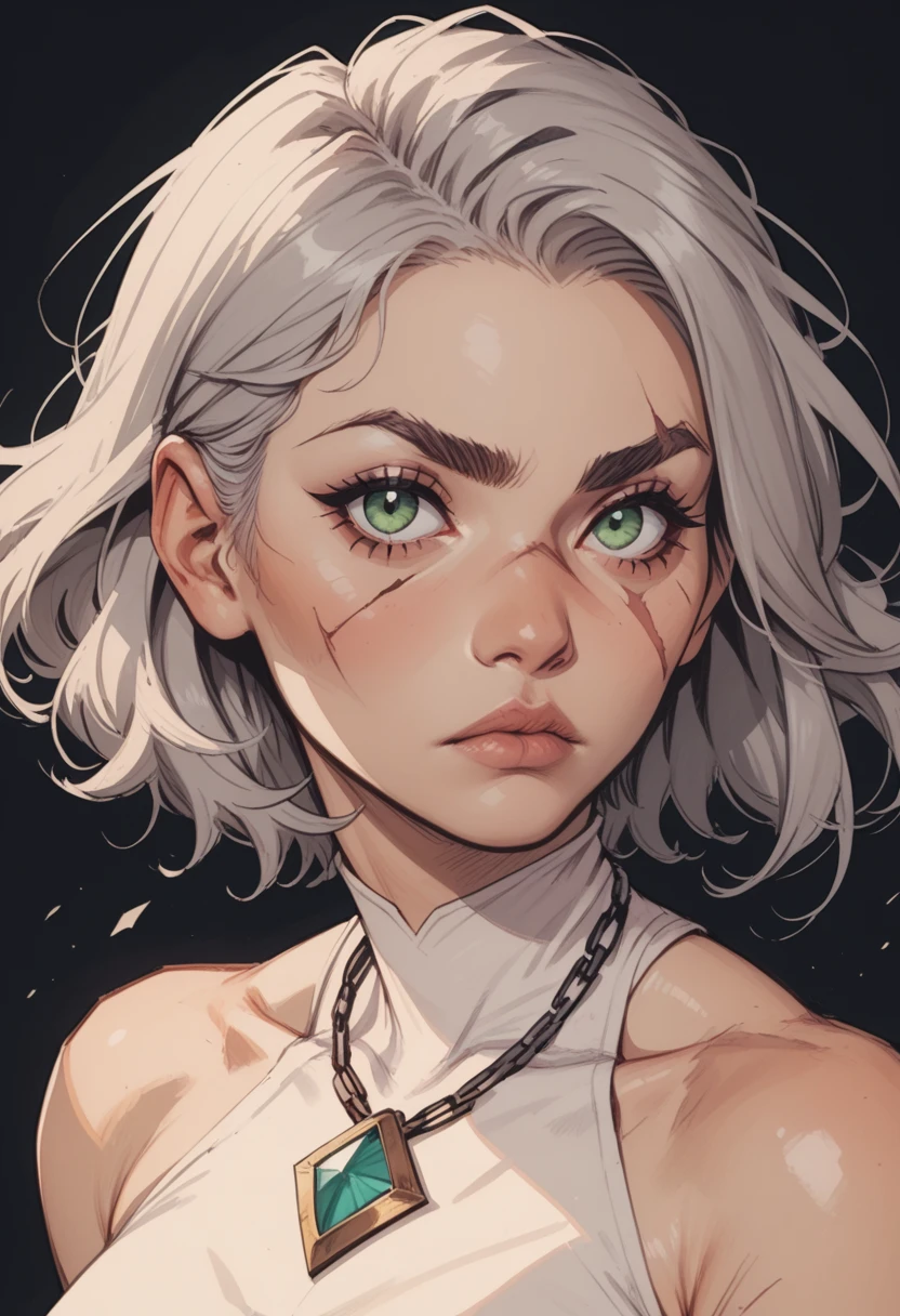 1girl, 1girl,solo,looking at viewer, short hair, bangs, simple background, bare shoulders, jewelry, ,closed mouth, green eyes, white hair, grey hair, medium hair, necklace, collar, scar, black background, portrait,, scar on face, scar across eye, covered collarbone
 