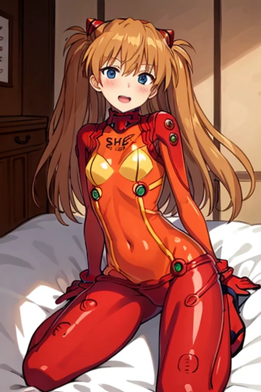 (( top quality)), ((masterpiece)), (be familiar with),  perfect face, indoor, bedroom,  watching viewers,
One woman,  Soryu Asuka Langley,
 open mouth,  ecstatic expression beside the piano, blush, smile,
 small tits,  flat chested, Young girl, Lori,  s,  girl,
 long hair,  Twin Tails ,
Leg spread,