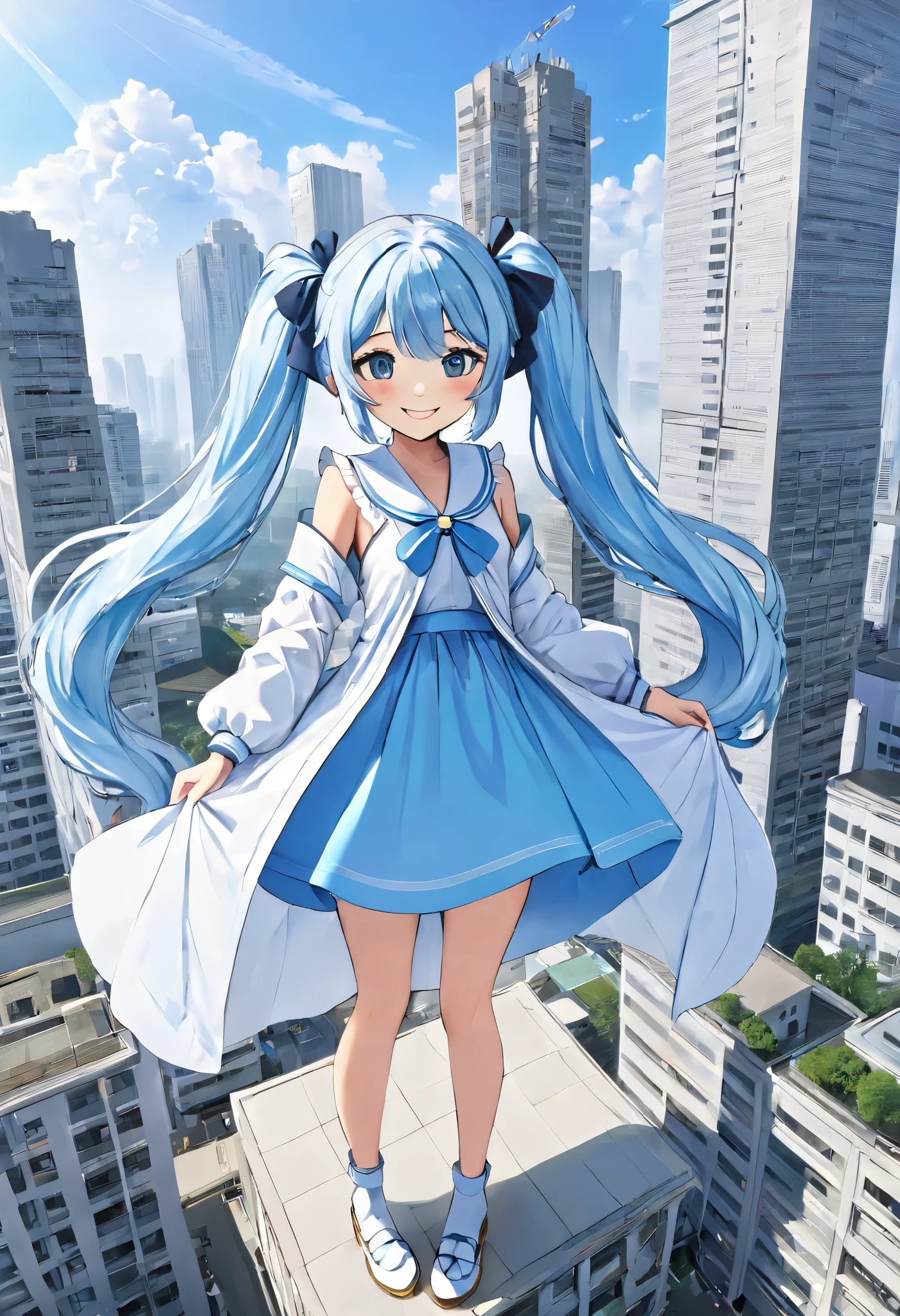 masterpiece,  top quality,    long light blue hair、 A Beautiful Giant Girl with a Twin Tail Hairstyle、smile、   in as much detail as possible   、 A Girl Much Bigger Than a Building 、Buildings and People 々Looks small  、街をsmileで見下ろす美少女