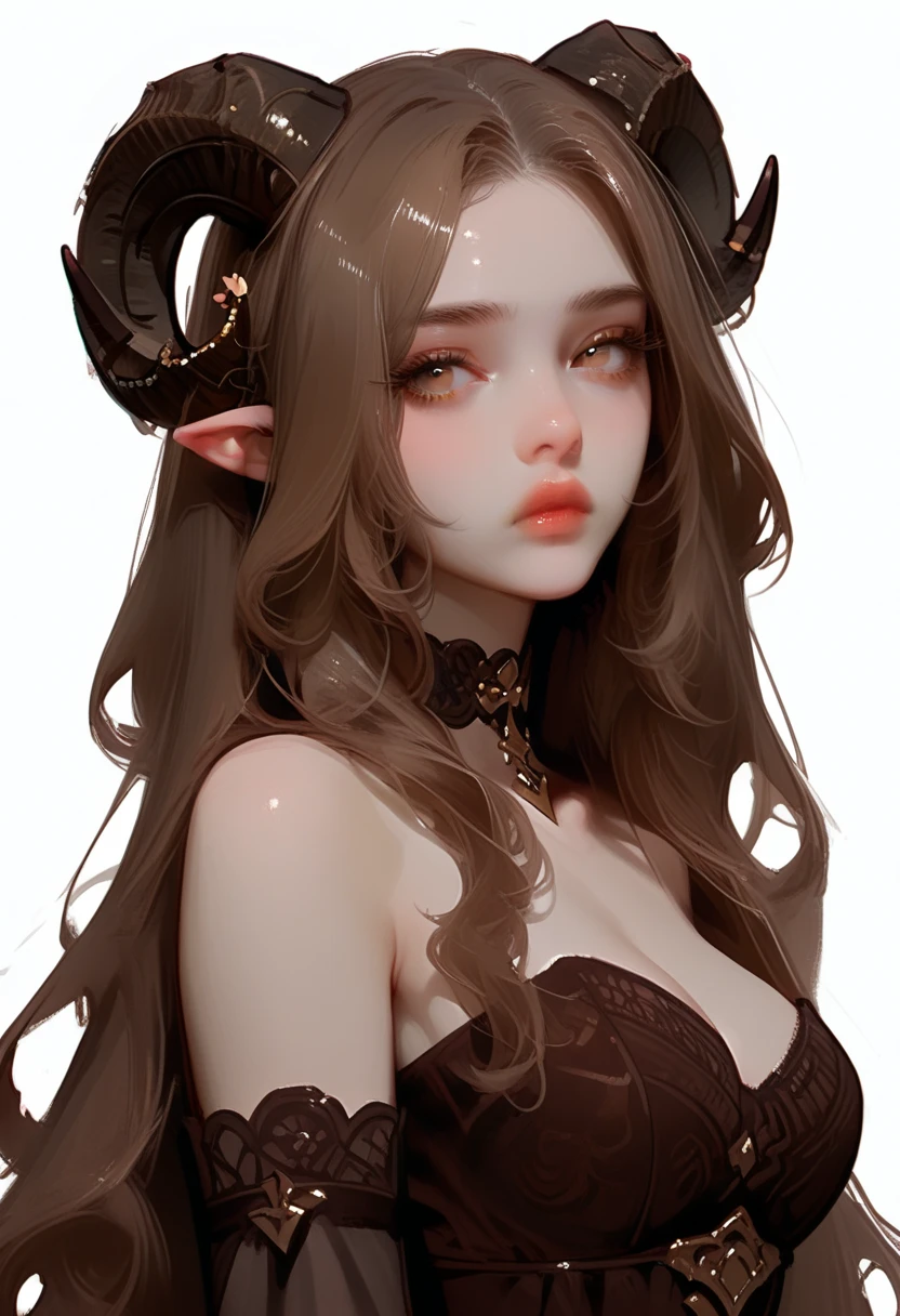 1girl, horns, solo, long hair, pointy ears, looking at viewer, brown hair, bare shoulders, , upper body, sheep horns, lips, light brown eyes, dress, choker, curled horns, straight hair, , hair ornament, detached sleeves, closed mouth, brown dress, nose, from side, , expressionless, brown hair, flower, eyelashes, , see-through, hazel eyes, looking to the side, strapless dress, demon girl, breasts