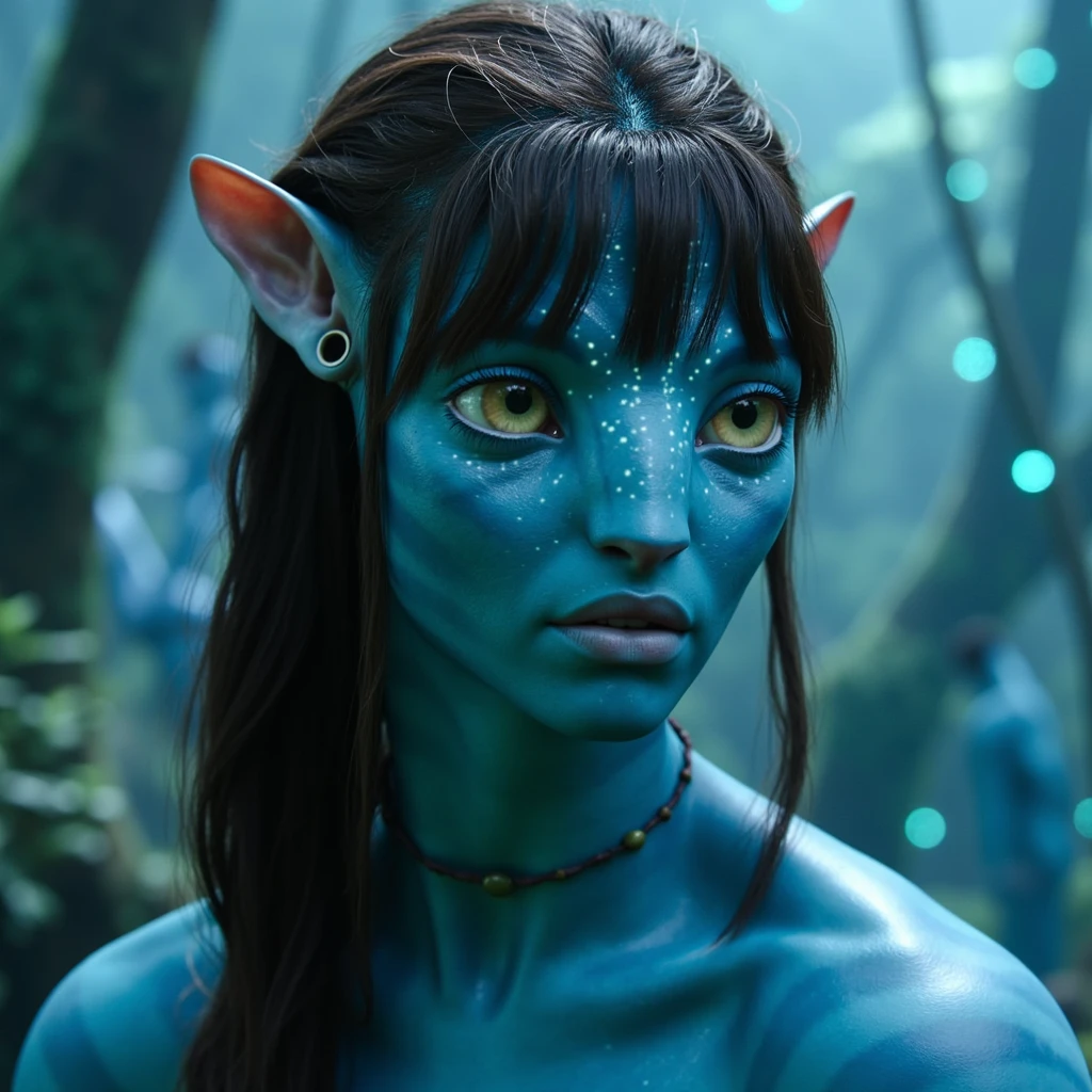 na'vi, na'vi race, avatar, pale teal blue skin, dark brown hair, blue eyes, straight brown hair with bangs, low ponytail, long bangs, bangs covering forehead, no eyebrows