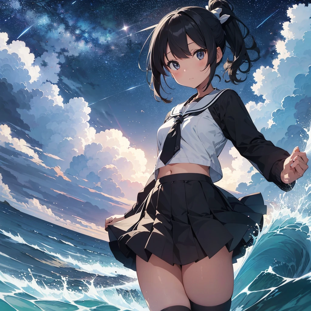 Anime Waifu beautiful detailed eyes, beautiful detailed lips, extremely detailed eyes and face, longeyelashes, 1girl, sensual, young woman, medium breasts, beautiful feminine face, nice thighs, slim, sexy, erotic, beautiful clothes, perfect body, cinematic lighting and framing, (best quality,4k,8k,highres,masterpiece:1.2),ultra-detailed,digital painting,portrait,glamorous,highly detailed,soft lighting,warm color tones a beautiful girl with a ponytail and black hair, smiling shyly with a blush, wearing a black sailor suit and pure white underwear, her skirt blowing in the wind, full body shot, masterpiece, ultra-detailed, cinematic lighting, vibrant colors, soft focus