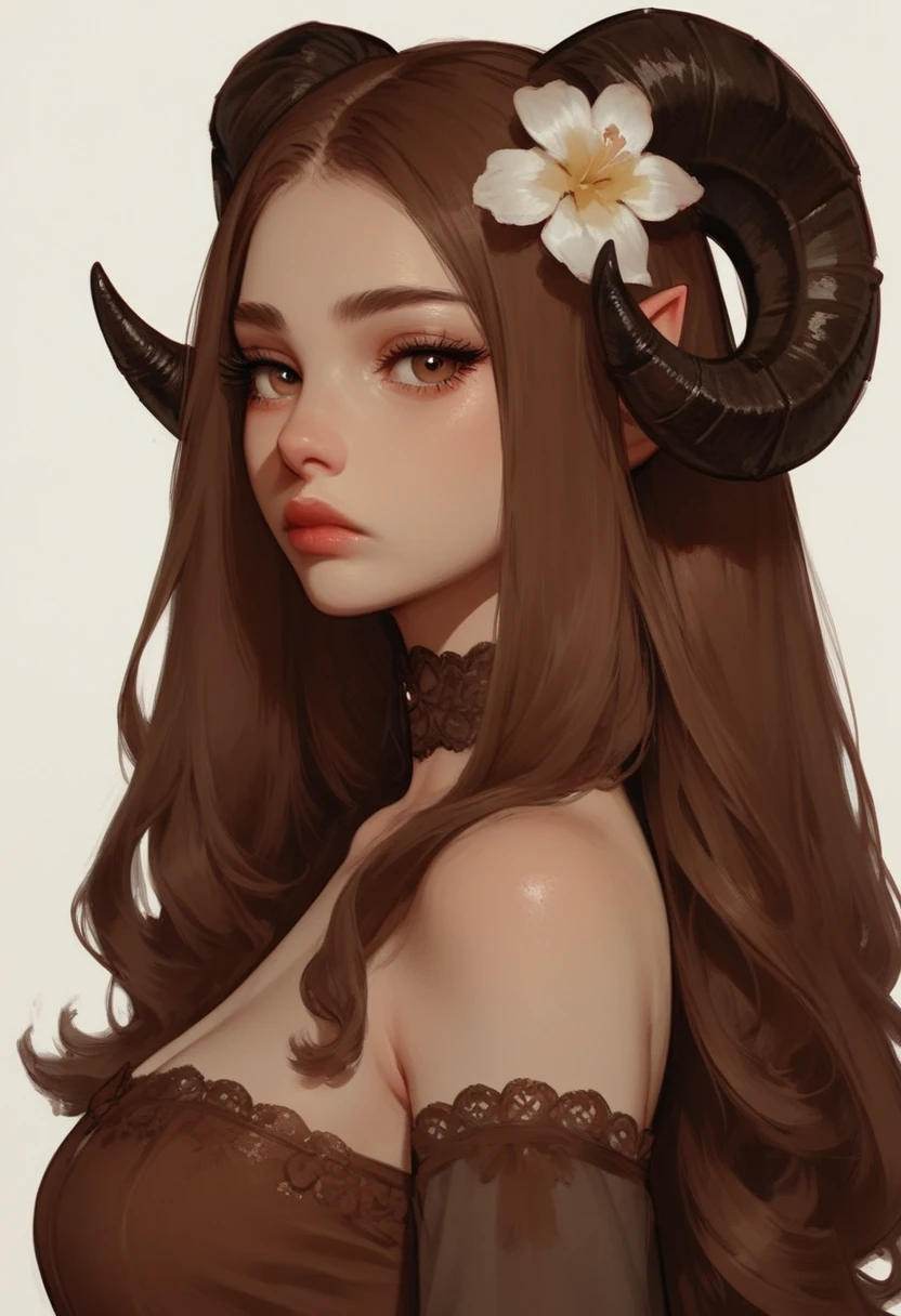 1girl, horns, solo, long hair, pointy ears, looking at viewer, brown hair, bare shoulders, , upper body, sheep horns, lips, light brown eyes, dress, choker, curled horns, straight hair, , hair ornament, detached sleeves, closed mouth, brown dress, nose, from side, , expressionless, brown hair, flower, eyelashes, , see-through, hazel eyes, looking to the side, strapless dress, demon girl, breasts, zPDXL3, detailxl,