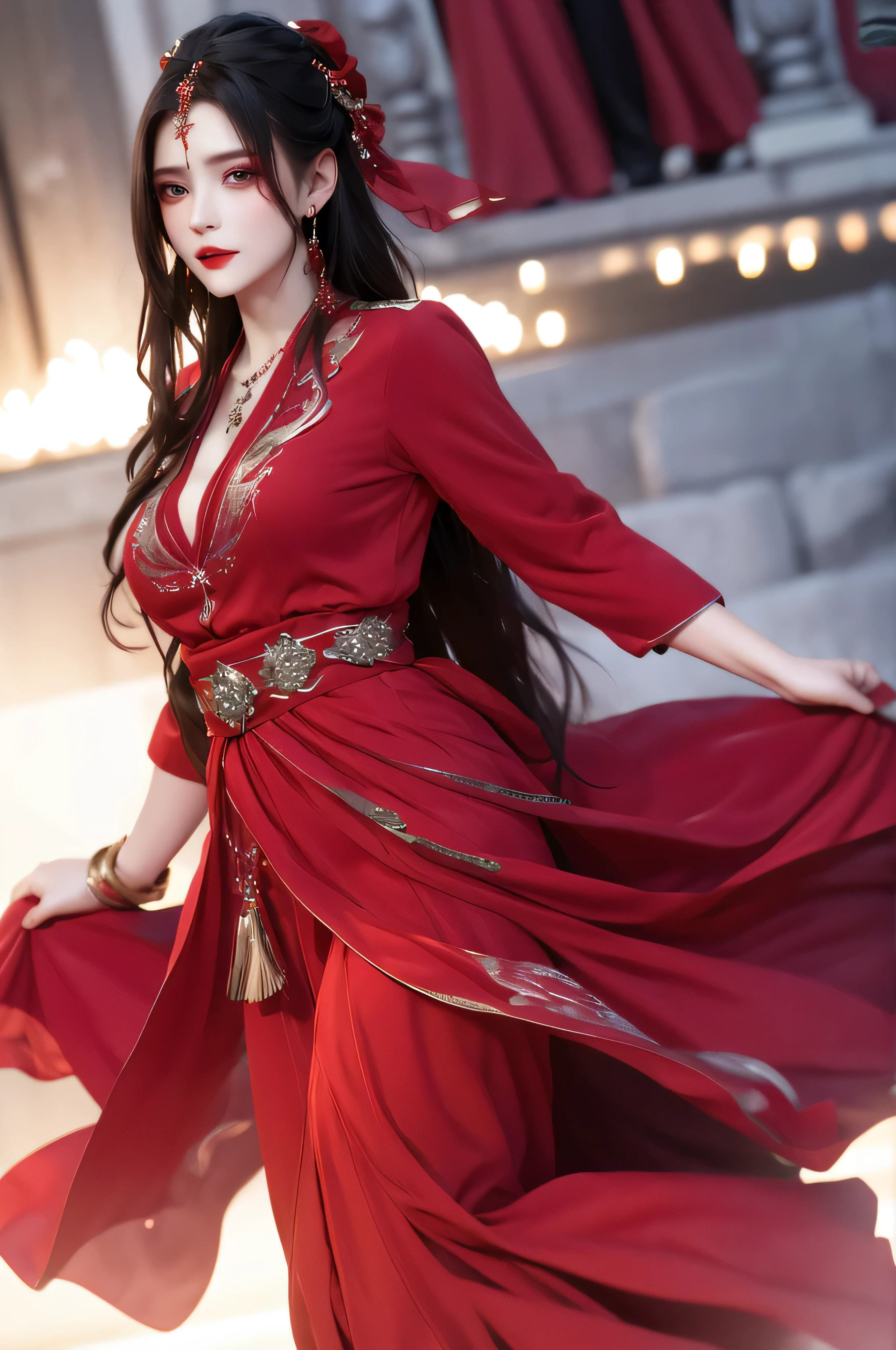 best quality, masterpiece, highres, official art, extremely detailed cg unity 8k wallpaper, jiapliqiao, 1girl, long hair, 1girl, jewelry, solo, earrings, red lips, hair ornament, makeup, realistic, red dress, necklace, (((full body))), ((devilish smile)), ((dancing)), her back is to the audience