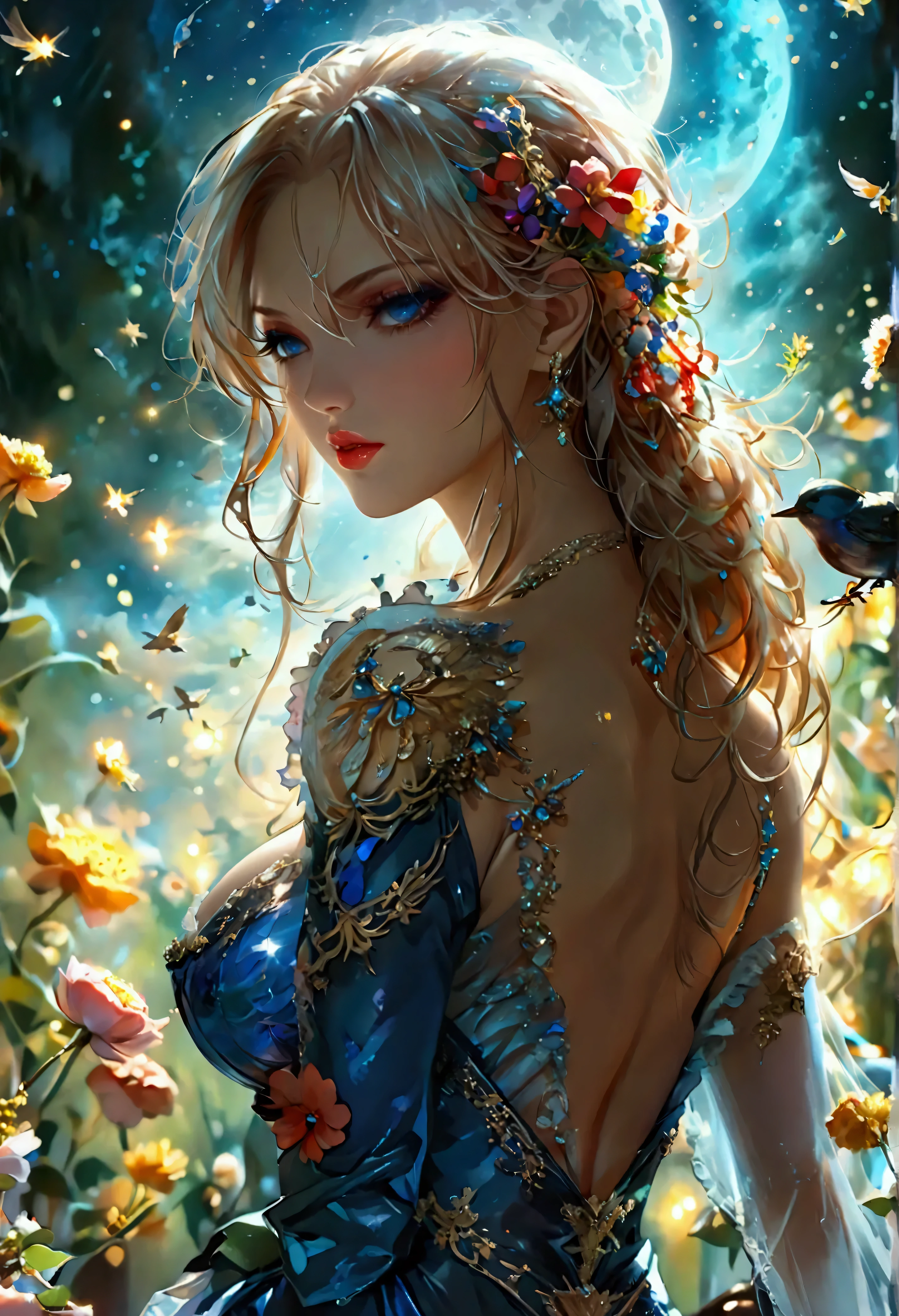 (8k, top quality, Masterpiece , Final Fantasy Style, in style of Anna Razumovskaya, :1.5),Atmospheric perspective, 8K, Very detailed, Accurate, Highest quality, masterpiece, Very detailed,, delicate and dynamic, Small faint lights and flying fireflies, night, Starry Sky, milky way, nebula, shooting star, Flowers, birds, wind and moon,erotic, sole sexy lady, healthy shaped body, 22 years old lady, White Devil Guide, 170cm tall, rom above,white background,(turning head:1.8), , ((large breasts:1.2), (huge breasts:1.2), (Uplifted and well-defined bust:1.2), (lifted chest:1.2), (perky breasts :1.2),(deep cleavage:1.4)) and a huge waist,, Delicate eye depiction, Colorful magic wand, A long dress with a complex structure, A colorful long dress, frilly see-through long dress