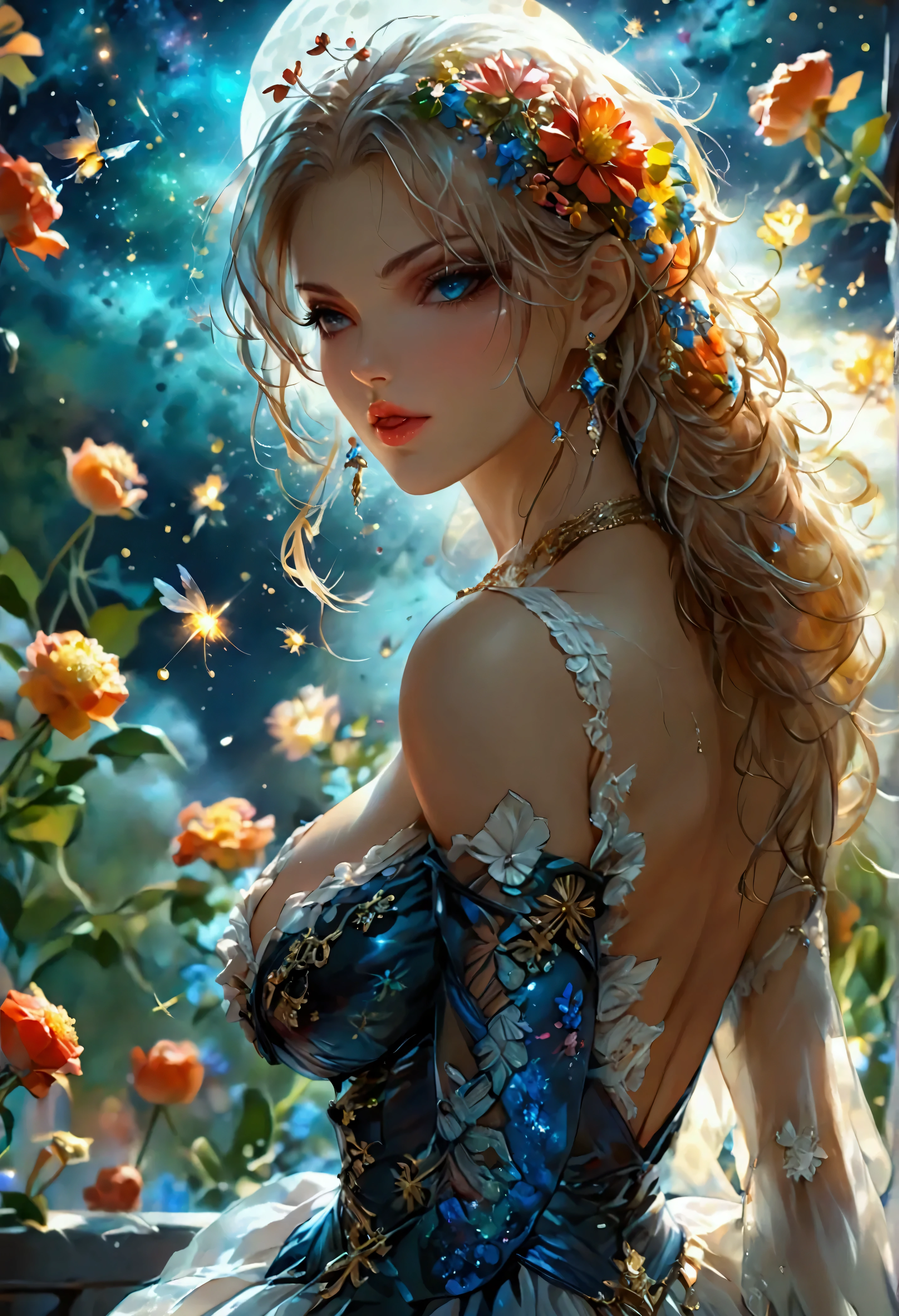 (8k, top quality, Masterpiece , Final Fantasy Style, in style of Anna Razumovskaya, :1.5),Atmospheric perspective, 8K, Very detailed, Accurate, Highest quality, masterpiece, Very detailed,, delicate and dynamic, Small faint lights and flying fireflies, night, Starry Sky, milky way, nebula, shooting star, Flowers, birds, wind and moon,erotic, sole sexy lady, healthy shaped body, 22 years old lady, White Devil Guide, 170cm tall, rom above,white background,(turning head:1.8), , ((large breasts:1.2), (huge breasts:1.2), (Uplifted and well-defined bust:1.2), (lifted chest:1.2), (perky breasts :1.2),(deep cleavage:1.4)) and a huge waist,, Delicate eye depiction, Colorful magic wand, A long dress with a complex structure, A colorful long dress, frilly see-through long dress