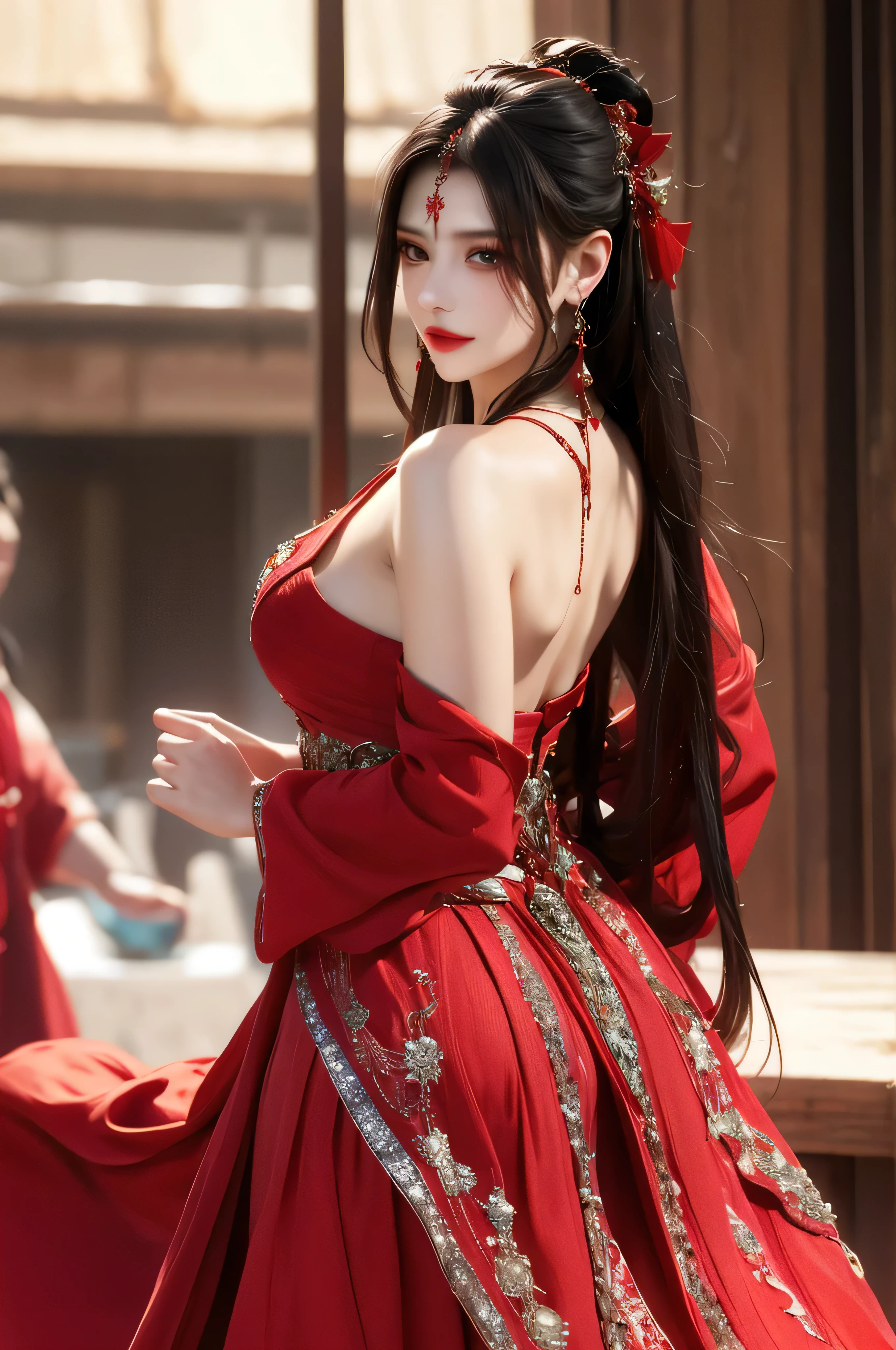 best quality, masterpiece, highres, official art, extremely detailed cg unity 8k wallpaper, jiapliqiao, 1girl, long hair, 1girl, jewelry, solo, earrings, red lips, hair ornament, makeup, realistic, red dress, necklace, (((full body))), ((devilish smile)), ((dancing)), her back is to the audience