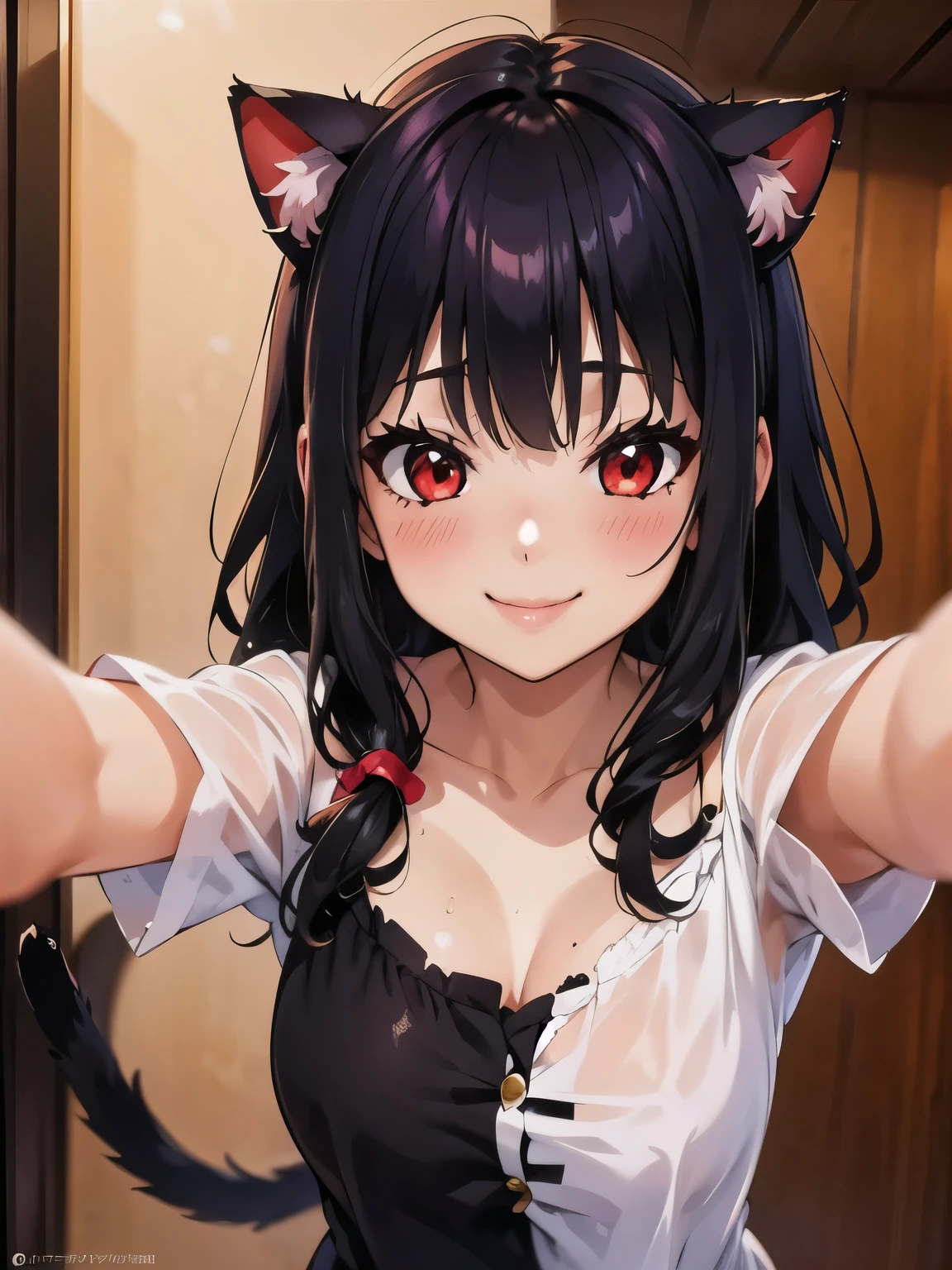 1 girl, cat ears, red eyes,black hair,  straight bangs,,clothes elevator,selfie,,blushes,  wry smile ,hands,nothing good,nothing gooda, perfect skin,  beautiful face,  Best Quality ,