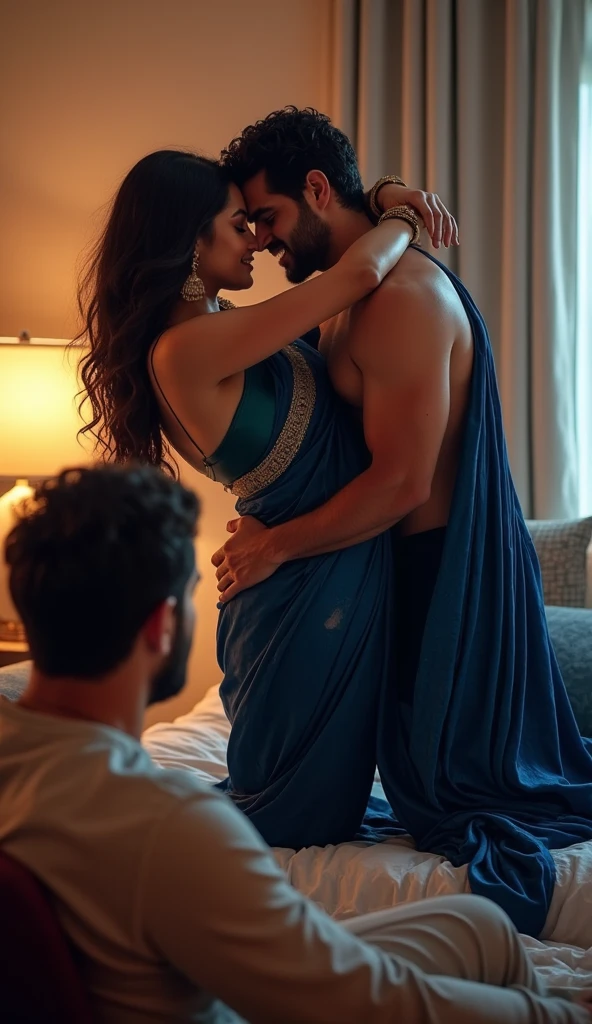 A boy handsome with beard with 8 pack abs is under the feet of his girlfriend wearing lahenga