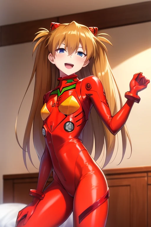 (( top quality)), ((masterpiece)), (be familiar with),  perfect face, indoor, bedroom,  watching viewers,
One woman,  Soryu Asuka Langley,
 open mouth,  ecstatic expression beside the piano, blush, smile,
 small tits,  flat chested, Young girl, Lori,  s,  girl,
 long hair,  Twin Tails ,
Leg spread,