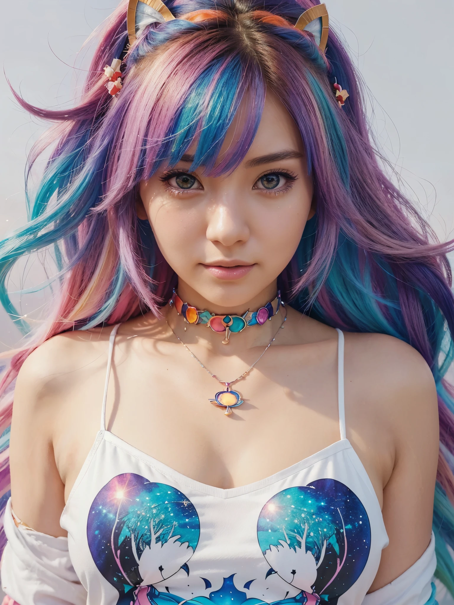 Close-up of a woman with colorful hair and necklace, anime girl with cosmic hair, Rossdraws' soft vibrancy, Gouviz-style artwork, fantasy art style, colorful], vibrant fantasy style, Rossdraws cartoon full of energy, cosmic and colorful, Guweiz, colorful digital fantasy art, stunning art style, beautiful anime style, white skin, night coat, naked