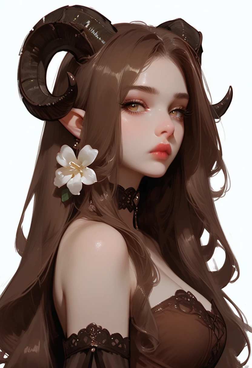 1girl, horns, solo, long hair, pointy ears, looking at viewer, brown hair, bare shoulders, , upper body, sheep horns, lips, light brown eyes, dress, choker, curled horns, straight hair, breasts, hair ornament, detached sleeves, closed mouth, brown dress, nose, from side, , expressionless, brown hair, flower, eyelashes, , see-through, hazel eyes, looking to the side, strapless dress, demon girl, color eyelashes 
 zPDXL3, detailxl,