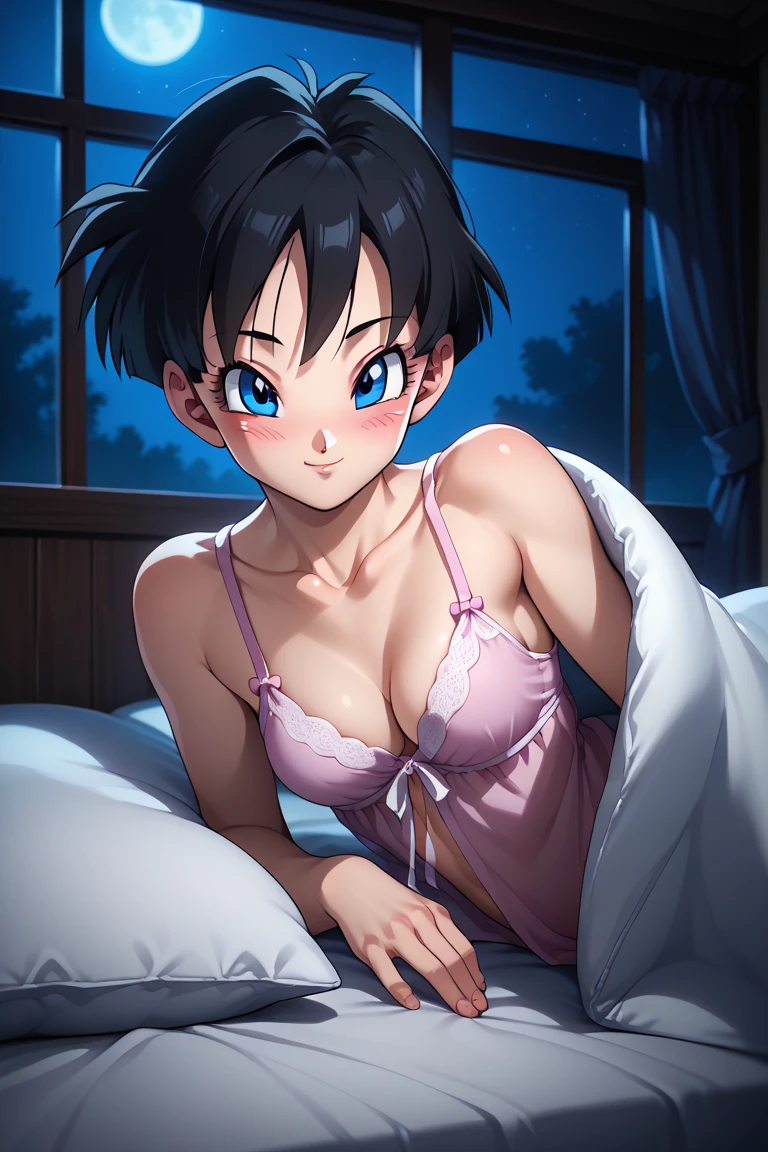 1girl, videl, black hair, short hair, blue eyes, medium breasts,       dynamic angle, takeda hiromitsu style,             skinny, petite body, cleavage, looking at viewer, bed invitation, on bed, on side, pillow, under covers, dimly light, nightgown, night, windows, bedrrom, naughty face, blush, 