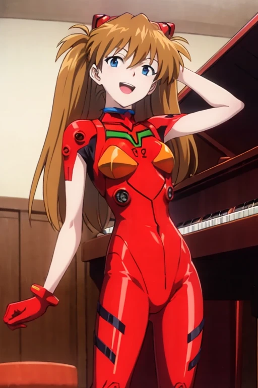 (( top quality)), ((masterpiece)), (be familiar with),  perfect face, indoor, bedroom,  watching viewers,
One woman,  Soryu Asuka Langley,
 open mouth,  ecstatic expression beside the piano, blush, smile,
 small tits,  flat chested, Young girl, Lori,  s,  girl,
 long hair,  Twin Tails ,
Leg spread,