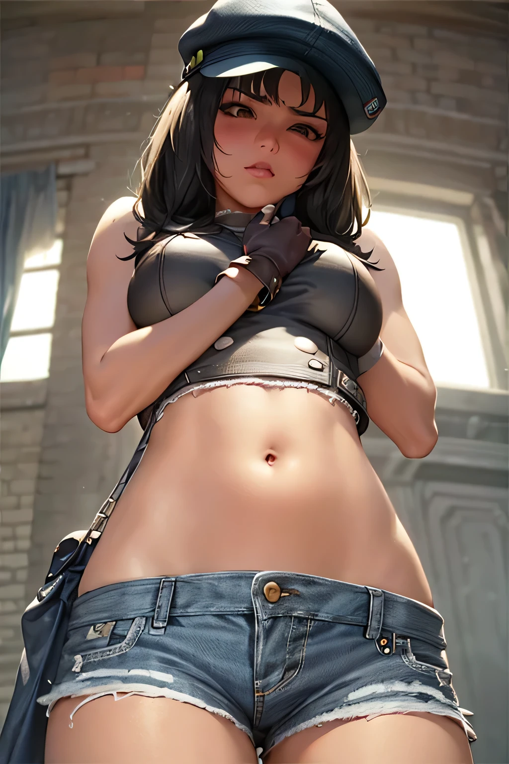 super fine illustration, vibrant colors, masterpiece, sharp focus, best quality, depth of field, ultra detailed, solo, 1girl, mature woman, slim, slender, annoyed, blush, crop top, hand on own stomach, medium chest, ,kyrie canaan, cabbie hat, denim, denim shorts, sleeveless, bike shorts, gloves,  makeup, lips, midgardsormr (final fantasy),big bellybutton, large navel,