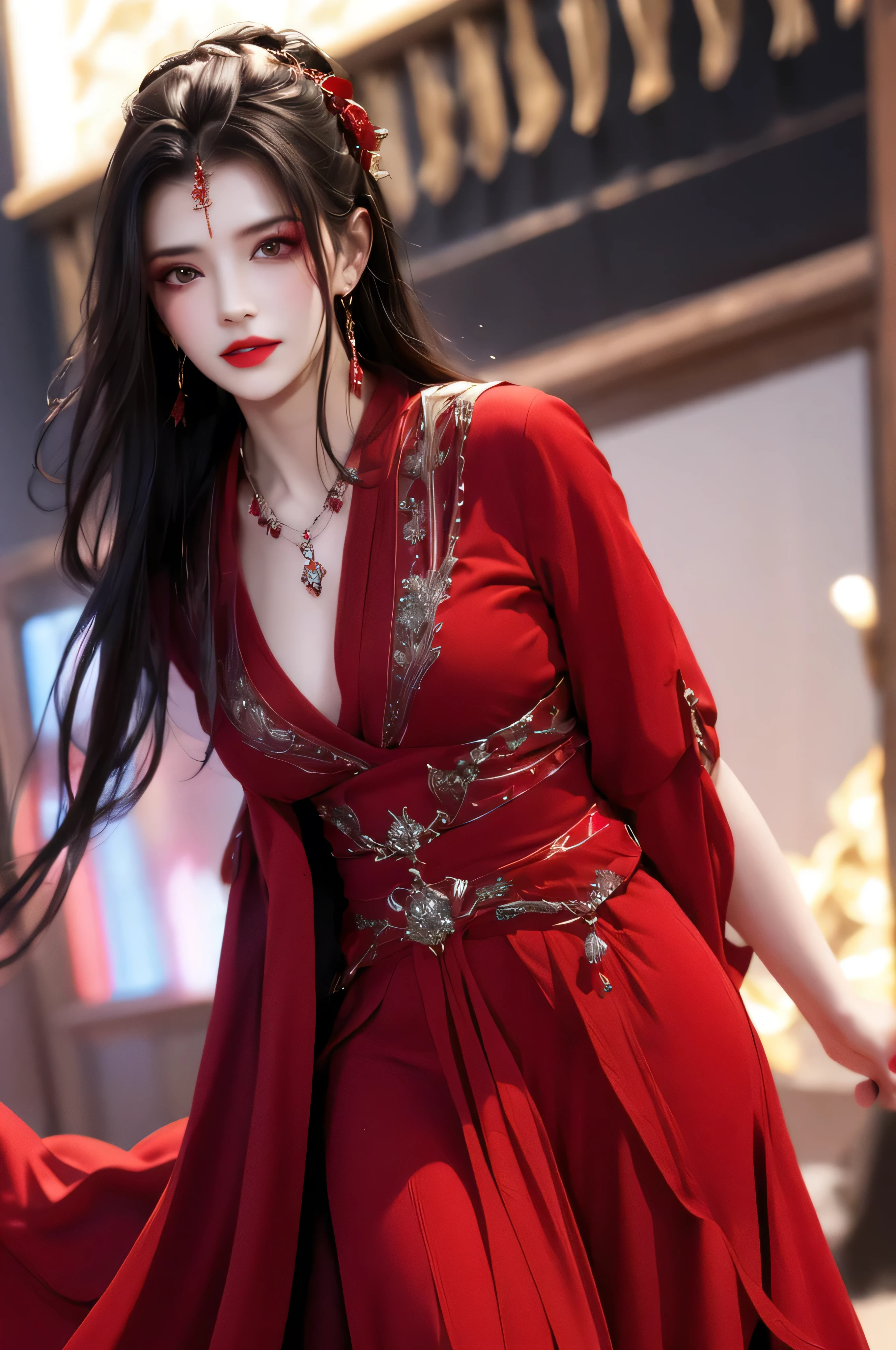 best quality, masterpiece, highres, official art, extremely detailed cg unity 8k wallpaper, jiapliqiao, 1girl, long hair, 1girl, jewelry, solo, earrings, red lips, hair ornament, makeup, realistic, red dress, necklace, (((full body))), ((devilish smile)), ((dancing)), her back is to the audience