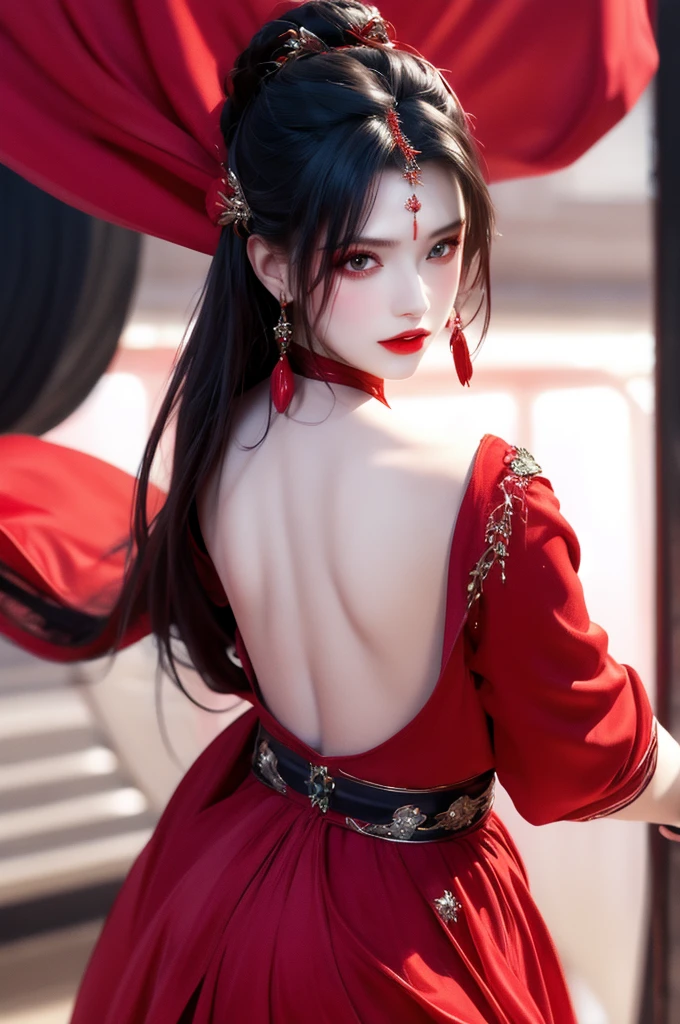 best quality, masterpiece, highres, official art, extremely detailed cg unity 8k wallpaper, jiapliqiao, 1girl, long hair, 1girl, jewelry, solo, earrings, red lips, hair ornament, makeup, realistic, red dress, necklace, (((full body))), ((devilish smile)), ((dancing)), her back is to the audience