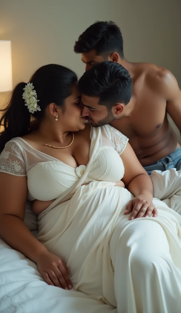 a  50-year-old shirtless man  affectionately hugging and kissing aradiant, full-figured South Indian plus-sized 30 year old teacher wearing a cream silky saree in  dressing room, captured in a full-body image with vibrant hues and meticulous details. Full body image