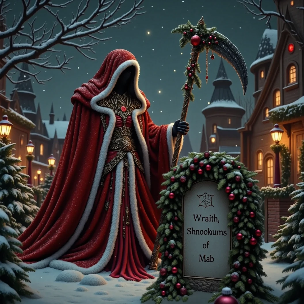 Depiction of the Ghost of Christmas Future. His face completely hidden under his Santa-like hood. His red velvet cloak has white fluffy trim. Clutching a scythe with mistletoe wrapping the handle. He points to a gravestone in the distance with the name "Wraith" carved on it followed by the words "Shnookums of MAB". A dark snowy Christmas night sky. A Christmas village lit by Christmas lights in the background. (High Resolution, Masterpiece, Super Detailed, Depth Of Field, Image Fill, Hyperrealism, Character Design.)