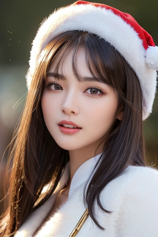 High-quality work，Realistic works，Super premium graphics，8K HD CG works，high quality graphics，High-definition and exquisite CG works，10x pixels，Ultra-fine details：1.1，Advanced technical details：1.1Realistic photo effects，Interior lighting effects：1.5，natural soft light：1.5. Light effect（Virtual light effects：1.8），ultra high resolution，shining dress，sliver long hair，silber hair，transparenthair，high detailed hair（Quality hair details：1.1）Clear eyes，Double eyelids look good，Sharp eye makeup, Create exquisite eyelash makeup, tthin eyebrows, Ultra-detailed eyes，a tall nose, lovely red lips, rosey cheeks, With delicate makeup on her face , pretty face, The face shape is perfectly proportioned,（Advanced facial details：1.1）(Aesthetic, High Resolution: 1.2), full-body portrait of a beautiful 20-year-old woman wearing an intricately detailed red boby Santa Claus costume, symmetrical costume structure, bright clear eyes, happy smile, changing hairstyle, falling snow, snow in hair. Professional photographer, minimalism, conceptual art, intricate detail, 8k post-production, High Definition, Ultra Detail, trending on ArtStation, sharp focus, artistic dark studio photos, details Intricate details, Highly detailed, By Greg Rutkowski, professional light and dark art, Vibrant colors. Outdoor winter scene with snow in the evening, A slight smile, True art, many hairstyles and color changes, Passionate mood, Seductive expressions, Sexy lips, Wet lips, Eyes seductive aim, seductive appearance, seductive posture. 3D vector art、caliber cat、Cat in Santa hat、Cat with bell collar、cute christmas gift, cat fur、Surreal quality, Cute and quirky, Fantasy art, Brand Watercolor effect, girl hugging a cat.，Women's artwork，Dress full body video，Realism，Amazing Cleavage，My eyes are very bright today
