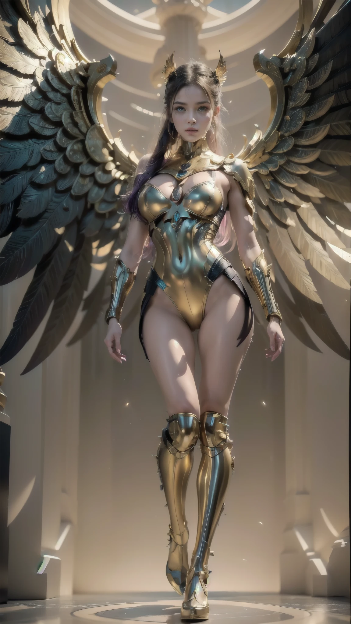 mechanical style,golden theme,( a female mechanical angel, Anatomically correct ,whole body, ,golden asas,standing, With a circular base  ),black and white background, ( 3D Rendering, best quality ,  detailed details ,  masterpiece , official art,  light effect from the movie , 4K, chiaroscuro), Full length shot, Superhero pose, Biomechanics suit, inflateble shapes, Wearing epic bionic implants, masterpiece, Complex, biopunk futuristic wardrobe, Very detailed, Art Station, Concept Art, cyberpunk, Octane Rendering, (colorful), (Chapped lips:1.4), (blush de nariz:1.2), foreshortening, black cuts, (eye contact), High contrast, ultra high resolution, high resolution, detailed, Clean face,  (Sexy face:1.5), (big purple eyes:1.2), ( ultra detailed eyes:1.4), ( high resolution eyes :1.1), ( ultra detailed skin texture:1.4), PERSEPHONE, Persephone, Persephone, (SFW:1.5),  (full body:1.8), (upper body up:0.3), (hyper realistic:1.4), (realistic:1.3), (best quality real texture skin), Detailed eyes, detailed face,