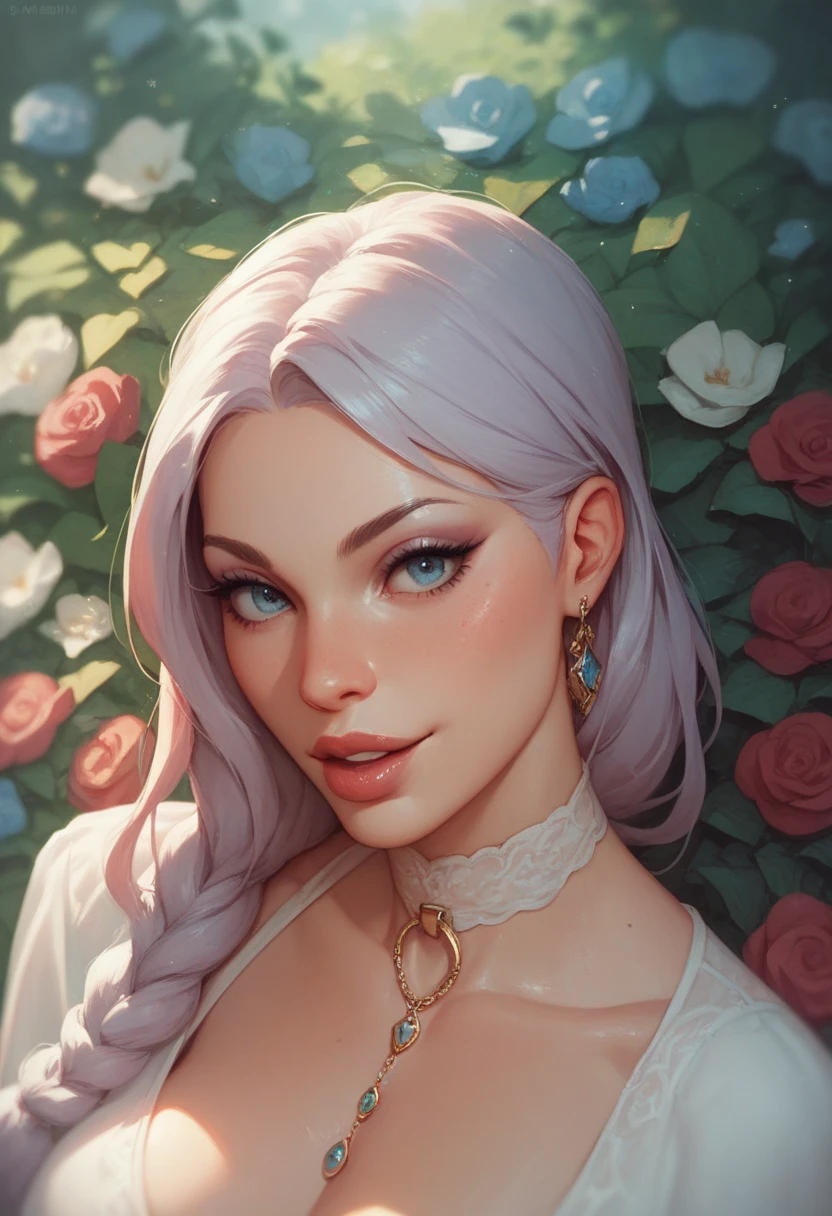 1girl, solo, white_hair, detailed tattoos, grotto, verdant environment, colorful flowers, beautiful girl, idyllic, sublime, absurdres, hyper-realism, highly detailed and textured, maximum detail, dslr, portrait, cinematic lighting, dramatic shadows, vibrant colors, photorealistic