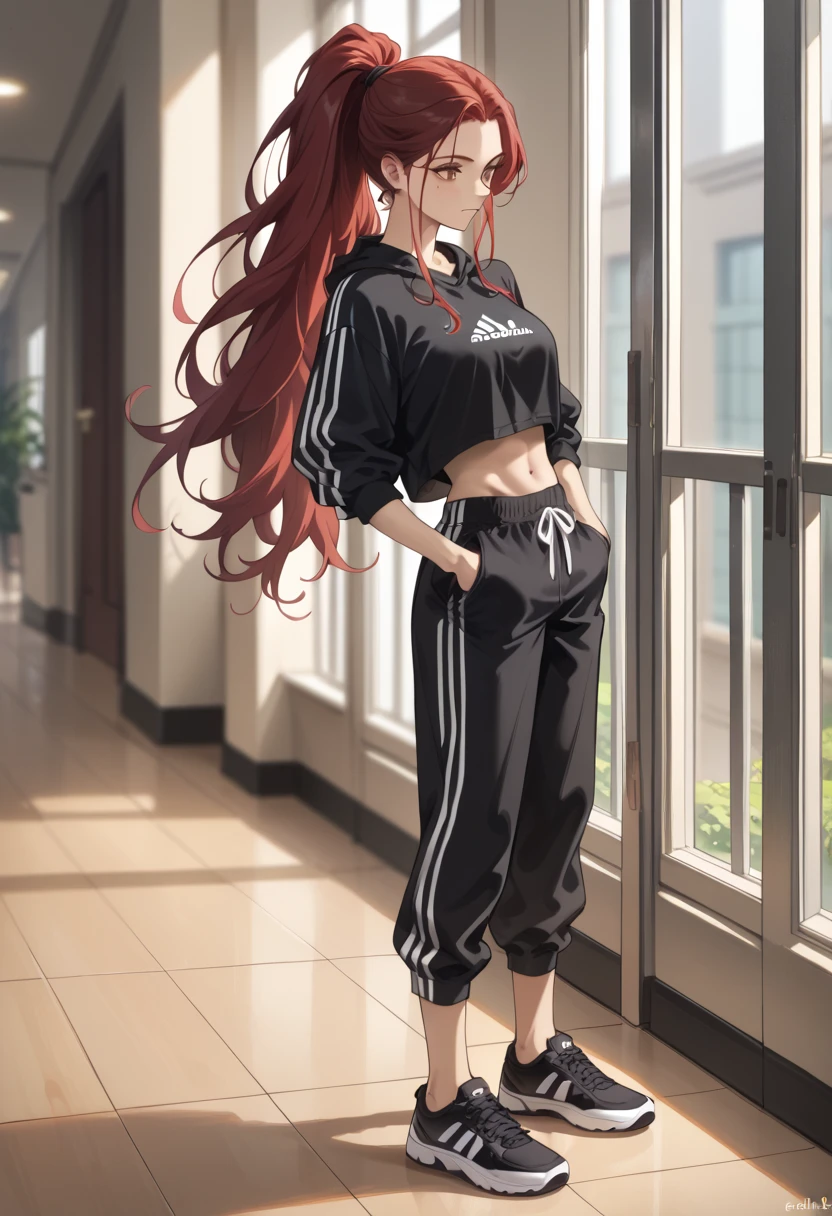  high,     Long-haired woman , long arms ,     long red hair in a ponytail, black adidas sweatshirt   ,  black sports pants,Largirucha   ,   slim body,Cara Androgida  , brown eyes