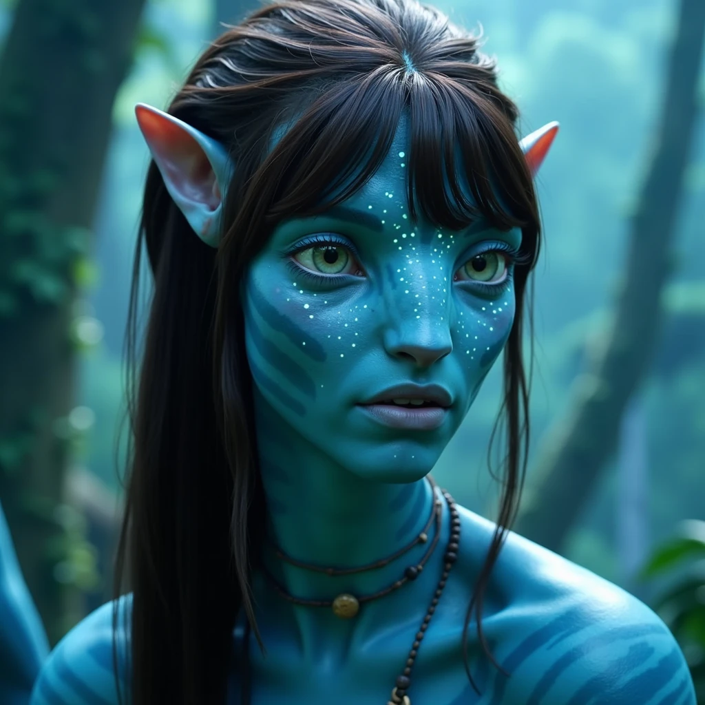 na'vi, na'vi race, avatar, pale teal blue skin, dark brown hair, blue eyes, straight brown hair with bangs, low ponytail, long bangs, bangs covering forehead, no eyebrows, bioluminescent na'vi freckles, blue striped skin, random stripe pattern