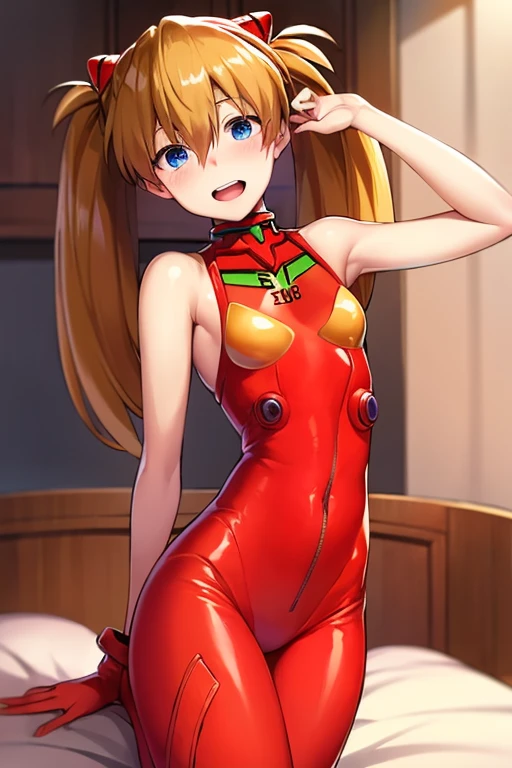 (( top quality)), ((masterpiece)), (be familiar with),  perfect face, indoor, bedroom,  watching viewers,
One woman,  Soryu Asuka Langley,
 open mouth,  ecstatic expression beside the piano, blush, smile,
 small tits,  flat chested, Young girl, Lori,  s,  girl,
 long hair,  Twin Tails ,
Leg spread,