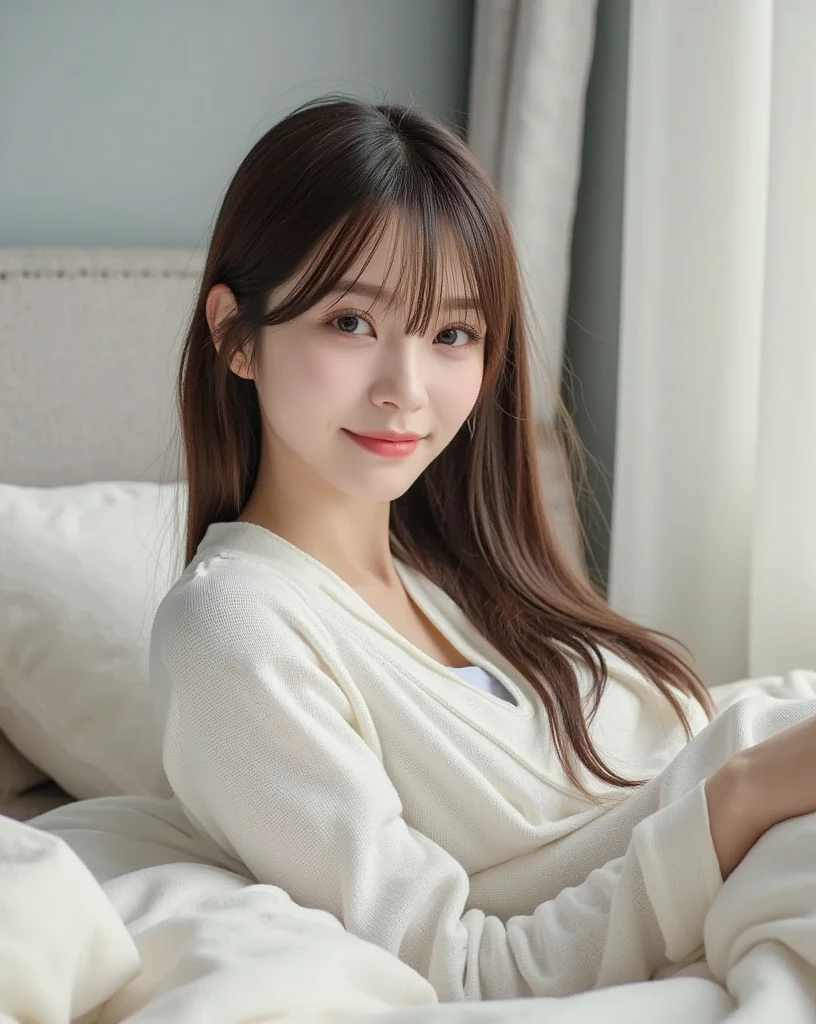 korean girl, that has bangs and long hair down to the elbows, Brown hair, Brown eyes, 20 years old, that it looks real and that it is in a bed lying down, with white pajamas
