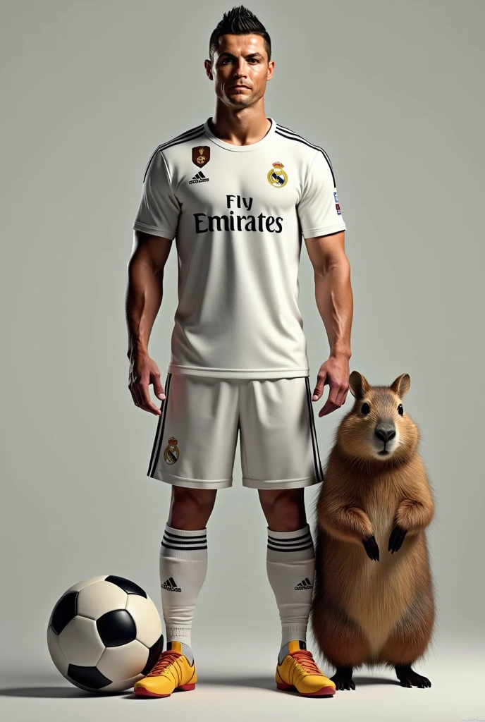 Cristiano Ronaldo wearing his Real Madrid shirt with a Capybara