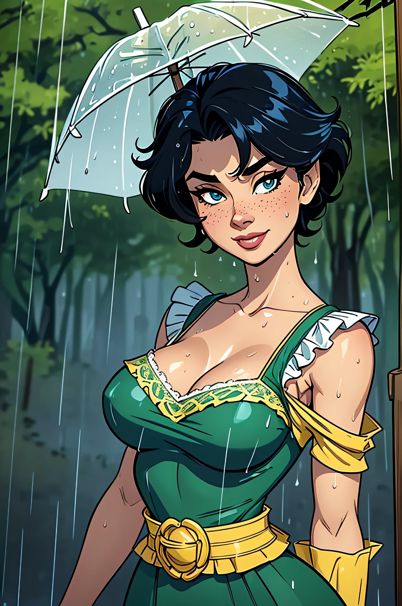 ( absurd, high quality, ultra detailed , watch out for your hand ) close up of a thin and athletic woman (rascal), 25 years, 8k (( high definition )), smiling, seductive look, Blue Eyes, nose fine, wearing a long green dress (( with V-neck, yellow lace and short puff sleeves )), white belt, arms positioned on the sides of the body, white skin , curly black hair (( shoulder height, white fringe )), walking in a forest (( upper body )), with freckles on the neck and breasts , big round breasts (( wet by the rain )). Marvel style (( high quality )), forest in the background.