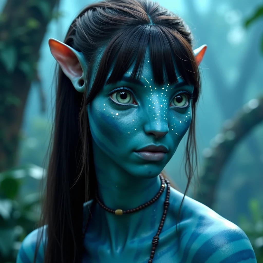 na'vi, na'vi race, avatar, pale teal blue skin, dark brown hair, blue eyes, straight brown hair with bangs, low ponytail, long bangs, bangs covering forehead, no eyebrows, white bioluminescent freckles, thin blue stripes on face and neck, dark blue eyes