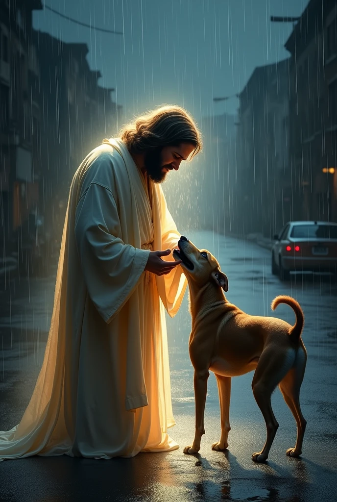 A homeless boy in church with his skinny dog and talks to the priest