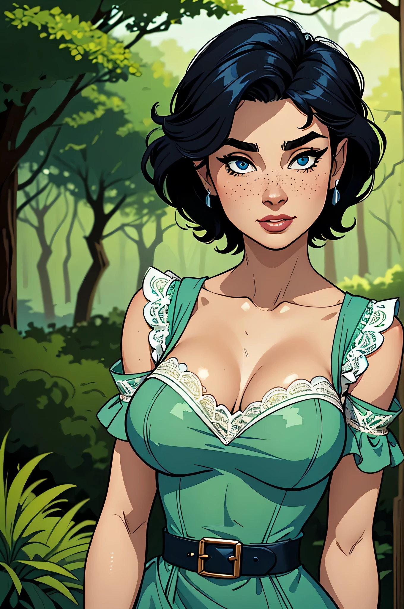 (  absurd,  high quality,  ultra detailed  ,  watch out for your hand  )  close up of a thin and athletic woman (rascal), 25 years, 8k ((  high definition  )),  thoughtful face, seductive look,  Blue Eyes, nose fine, wearing a long green dress  (( with V-neck, yellow lace and short puff sleeves )), white belt,  arms positioned on the sides of the body,  white skin ,  curly black hair (( shoulder height, white fringe )), walking in a forest ((  upper body )), with freckles on the neck and breasts ,  big round breasts [[ wet by the rain ]]. Marvel style ((  high quality )),  forest in the background.