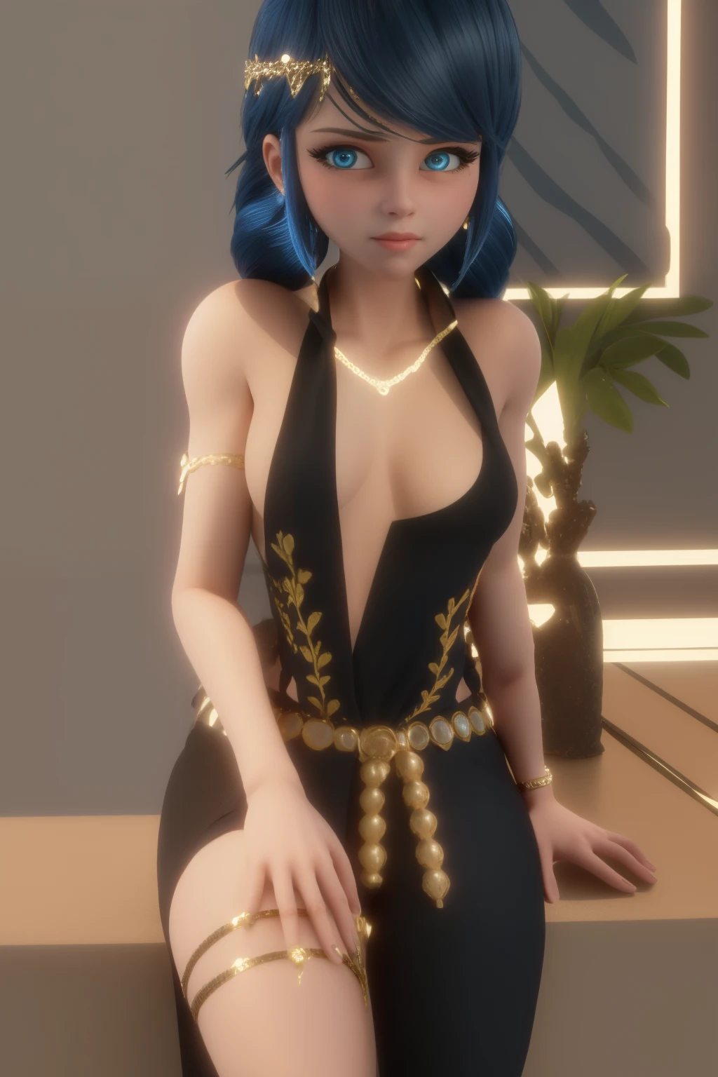 (8k, RAW photo, best quality, masterpiece:1.2), (intricate details), perfect eyes, perfect face, perfect lighting, beautiful, (masterpiece:1.2), (best quality:1.2), 1girl, solo, marinette, blue hair, long hair down, adult torso, , slight smile, medium sized breasts, white sleeveless shirt, pink sweatpants