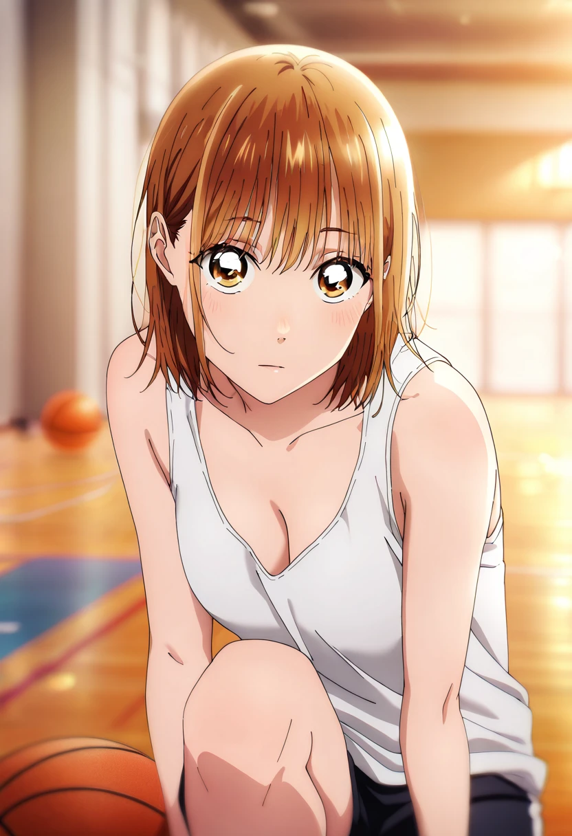  1 girl, Alone, Chinatsu,  Blurry Background,  tank top、 spats、 cleavage、gym、 Basketball 、looking at viewer, masterpiece,  top quality,  great quality,   very aesthetic ,  absurd