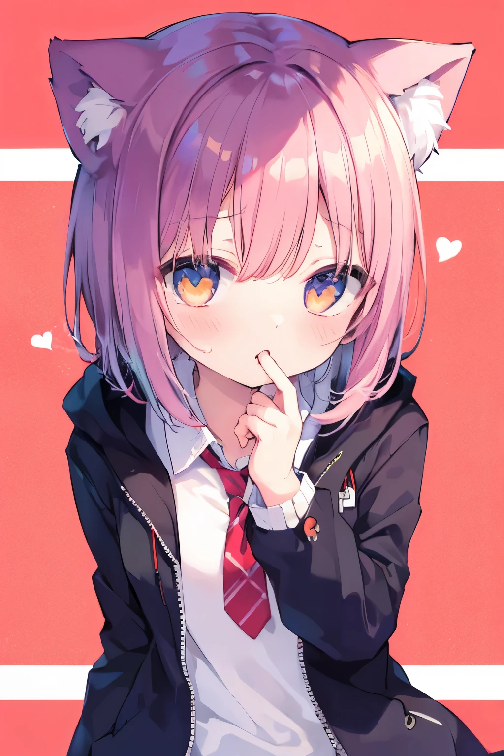 oversized jacket 、Pink no shortcut hair 、 Wearing a collar 、 girl、,首輪とリードをつけた elementary schooll、輝く瞳 、輝く瞳、 1 girl、 small breasts、Cat ears elementary school girl、So beautifuon、cat ears、((((( )))))、heart❤、((sweat、vapor))、flattery、 Embarrassing